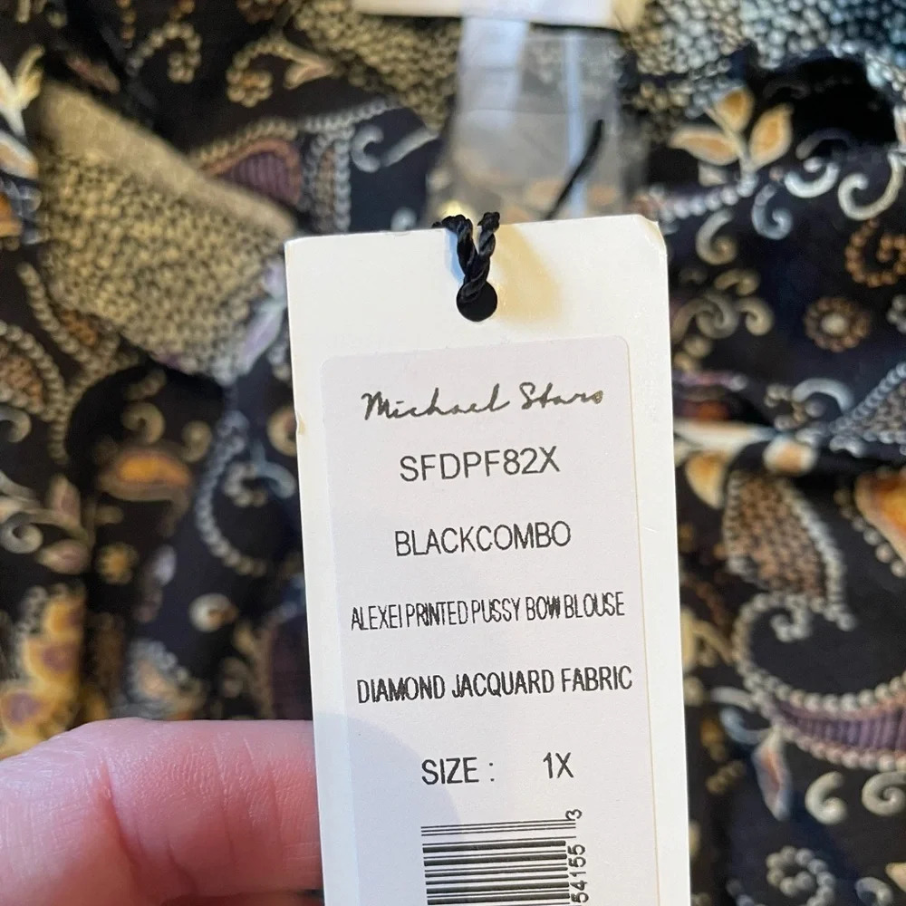 Michael Stars Women’s Alexei Printed Tie Neck Blouse 1X Diamond Jacquard NWT - Picture 8 of 12